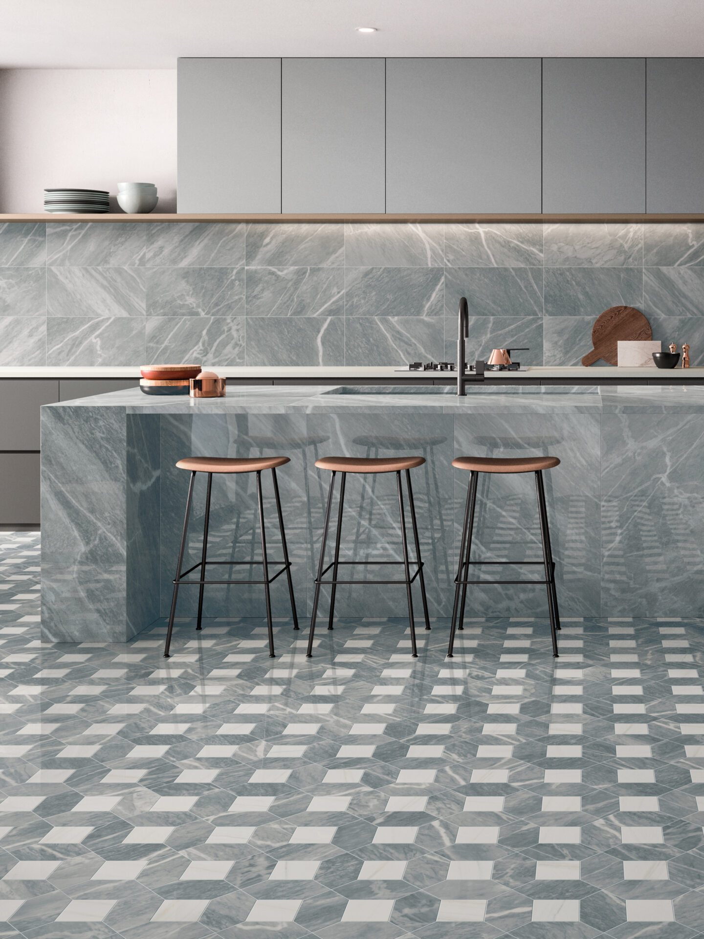 серый керамогранит с квадратным геометрическим орнаментом в дизайне кухни