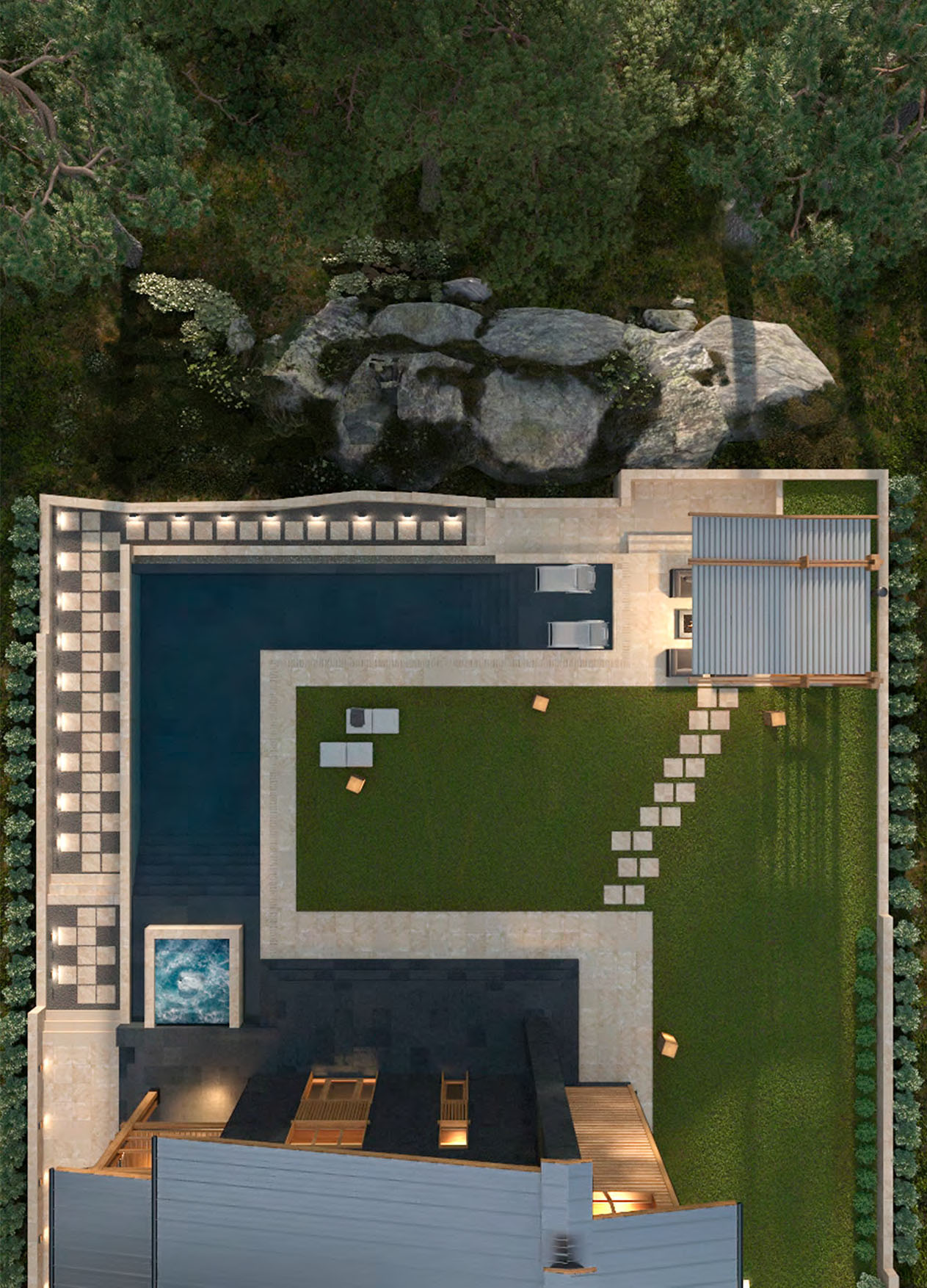 фотография примера оформления дачного участка с бассейном и садовыми дорожками
