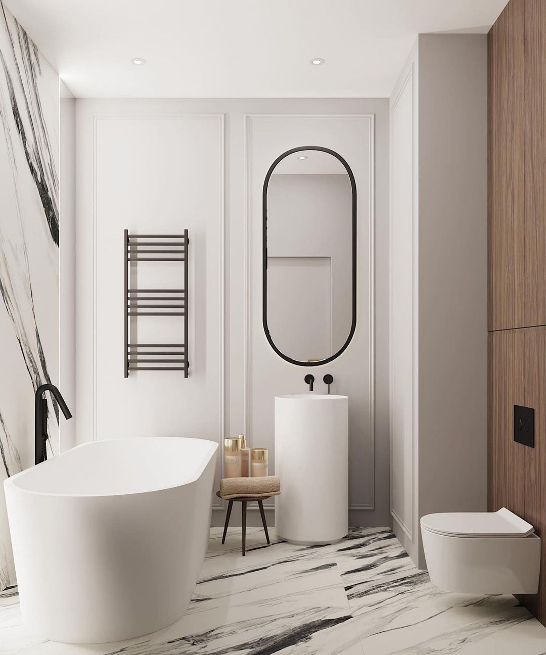 дизайн ванной с белым керамогранитом и отдельно стоящей ванной - фото 3